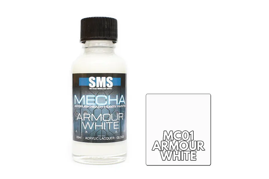 A 30ml bottle of Scale Modellers Supply Mecha Armour White paint next to a white color swatch labeled MC01 Armour White.