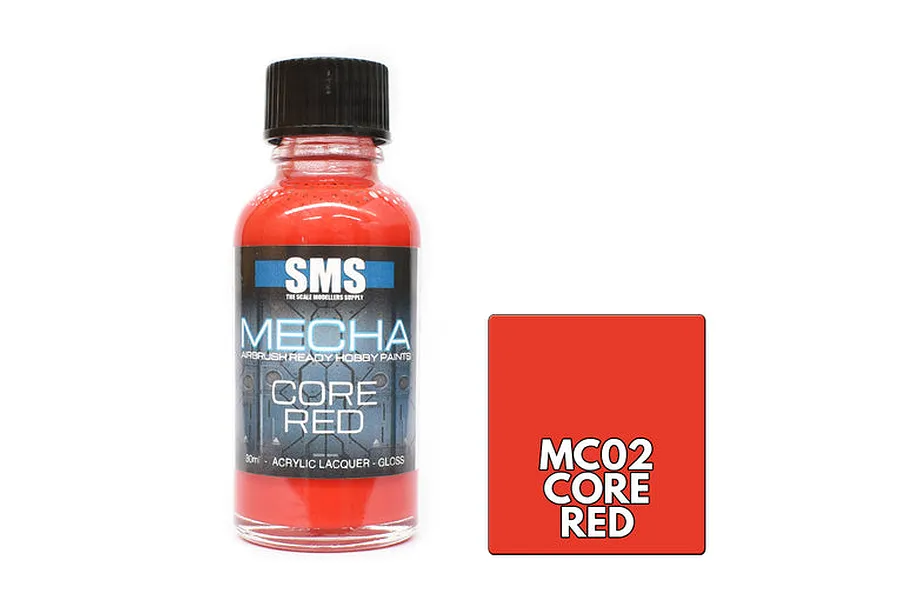 A 30ml bottle of Scale Modellers Supply Mecha Core Red paint with a black cap, next to a red color swatch labeled MC02 Core Red.