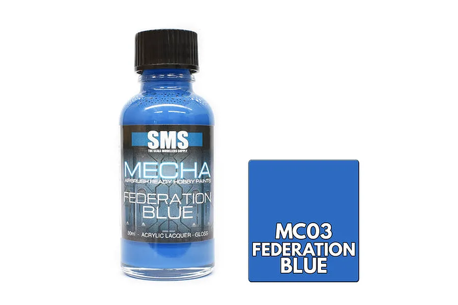 A 30ml bottle of SMS Mecha Federation Blue airbrush-ready hobby paint next to a blue color swatch labeled MC03 Federation Blue.