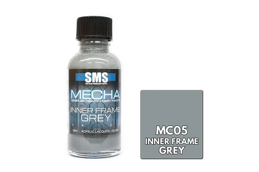 A 30ml bottle of Scale Modellers Supply Mecha Inner Frame Grey paint with a black cap and a grey paint swatch square next to it.