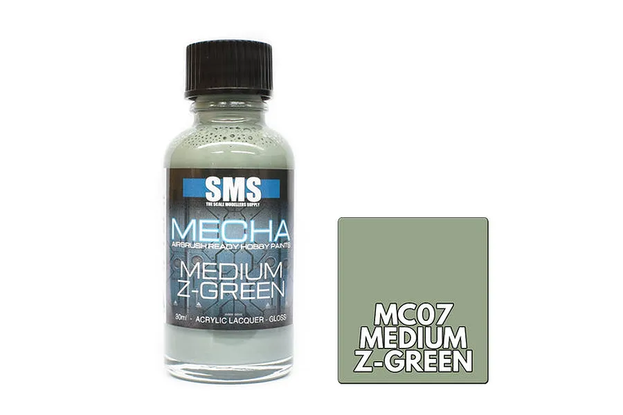 A 30ml bottle of Scale Modellers Supply Mecha Medium Z-Green acrylic lacquer paint next to a color swatch square.