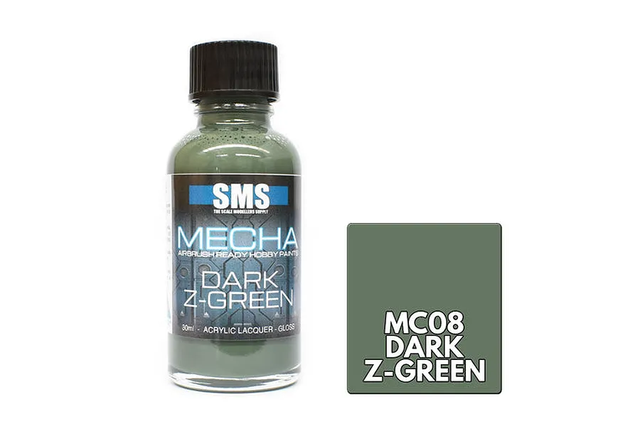 A 30ml bottle of Scale Modellers Supply Mecha Dark Z-Green acrylic lacquer paint next to a color swatch.