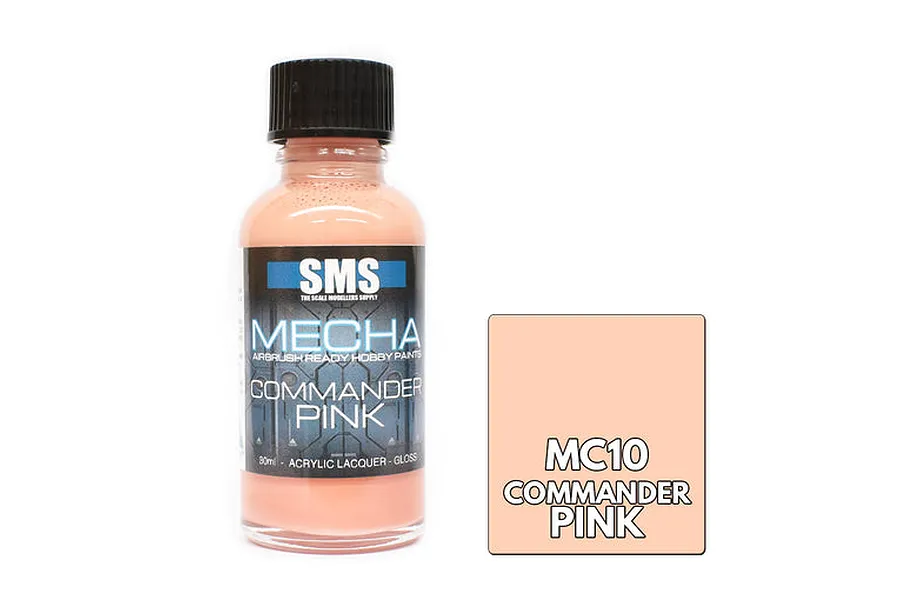 A 30ml bottle of SMS Mecha Commander Pink acrylic lacquer paint with a black cap, next to a color swatch labeled MC10 Commander Pink.