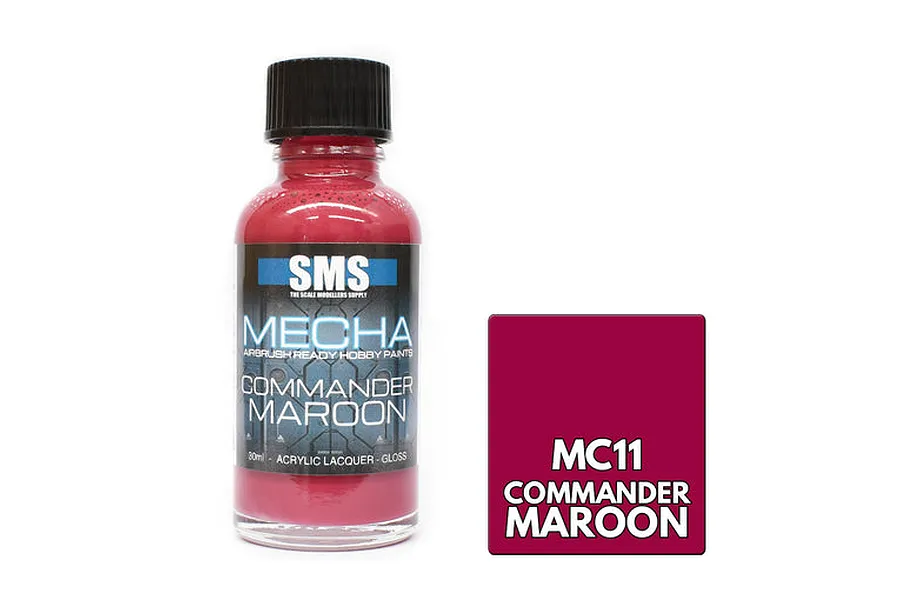 A 30ml bottle of SMS Mecha Commander Maroon airbrush-ready hobby paint next to a maroon color swatch labeled MC11.