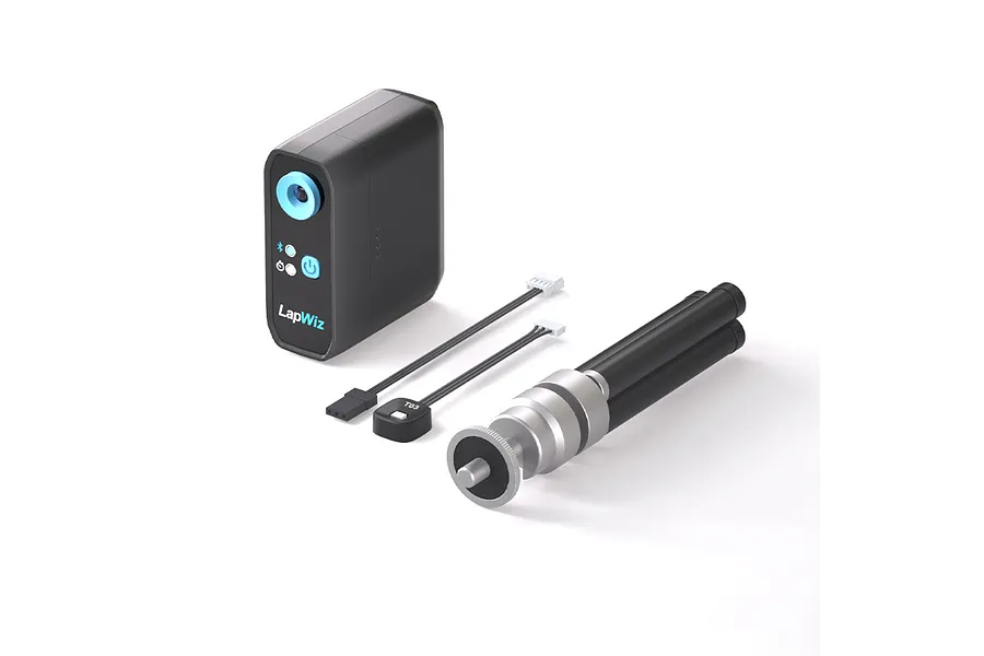 SkyRC LapWiz smart lap timing system including the main unit, a sensor cable, and a small tripod stand on a white background.