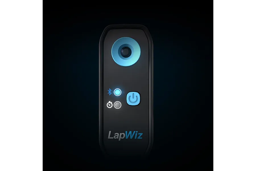 Front view of the SkyRC LapWiz smart lap timing device featuring a black casing, blue buttons, and status indicators against a dark background.