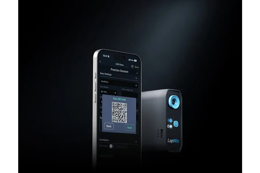 A smartphone displaying the LapWiz app race settings and a QR code next to the SkyRC LapWiz timing device on a dark background.
