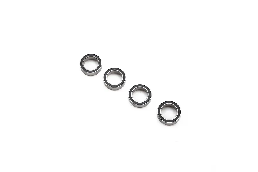 Four Losi rubber shielded ball bearings arranged in a diagonal line on a white background.