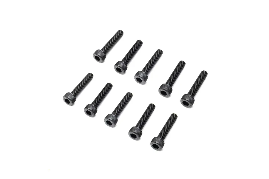 Ten black metal cap head screws arranged in two rows on a white background.