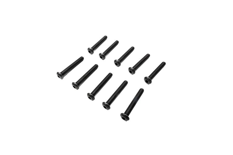 Ten black button head screws with hex drive heads arranged in two rows on a white background.