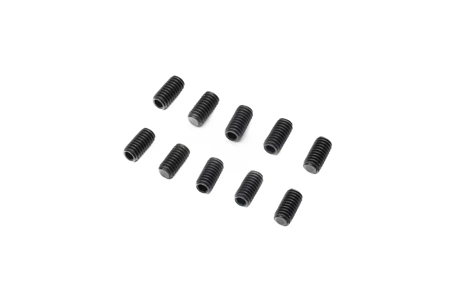 A set of ten black metal grub screws arranged in a loose grid on a white background.