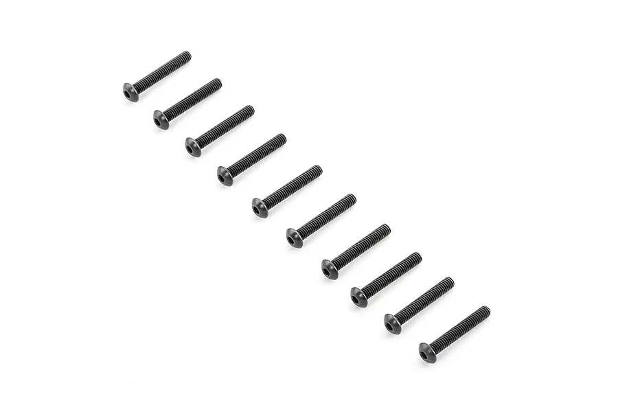Ten black metal button head screws arranged in a diagonal line against a white background.