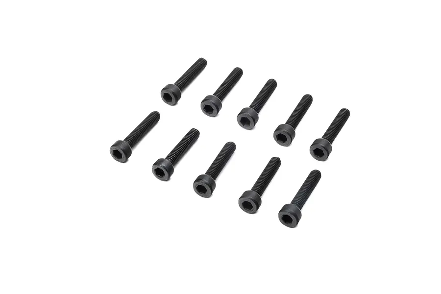 A set of ten black metal cap head screws with hex sockets, arranged in two rows on a white background.