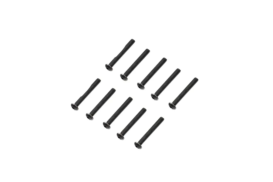 A set of ten black metal button head screws arranged in two rows of five on a white background.