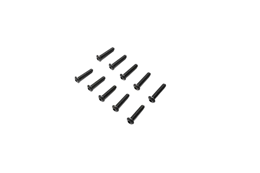 Ten black button head machine screws arranged in a staggered pattern on a white background.