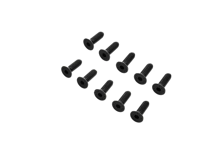 A set of ten black metal countersunk head screws with hexagonal drive sockets, arranged in two rows on a white background.