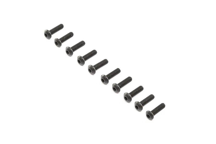 A set of ten black metal button head screws arranged in a diagonal line against a white background.