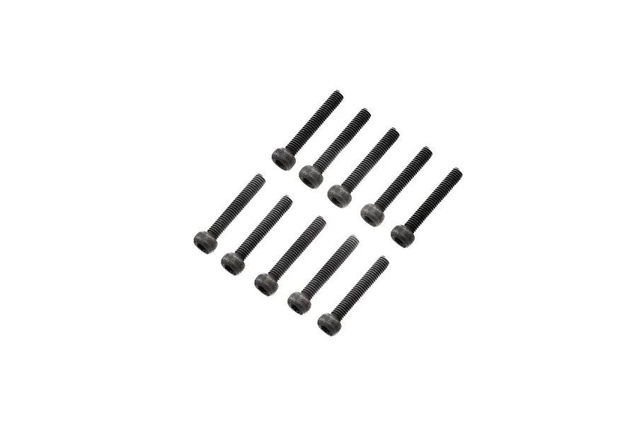 A set of ten black metal cap head screws arranged in two parallel rows against a white background.