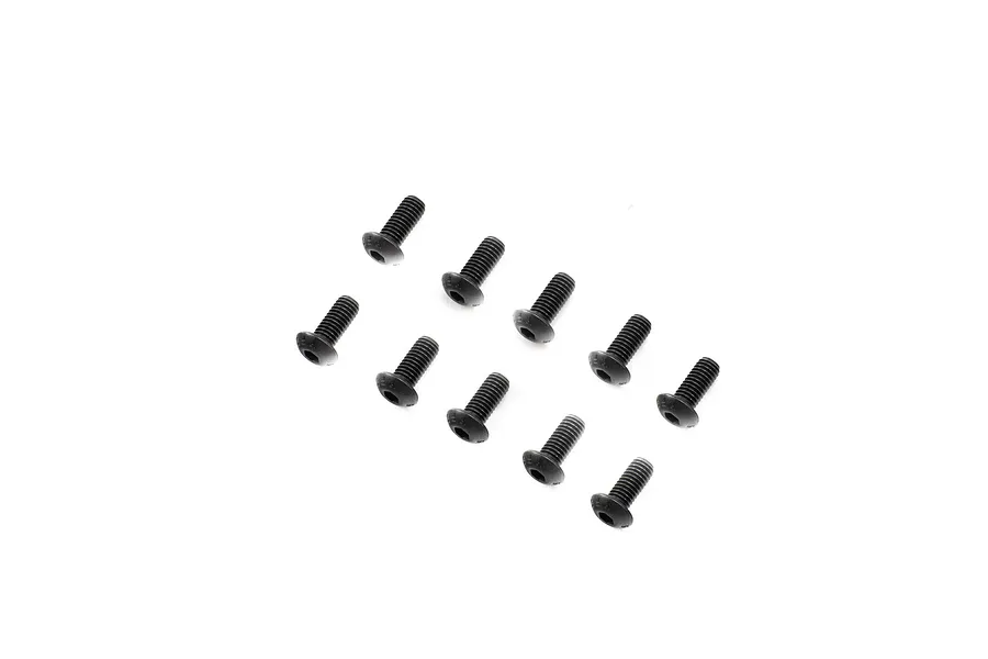 Ten black button head screws arranged in two rows on a white background.