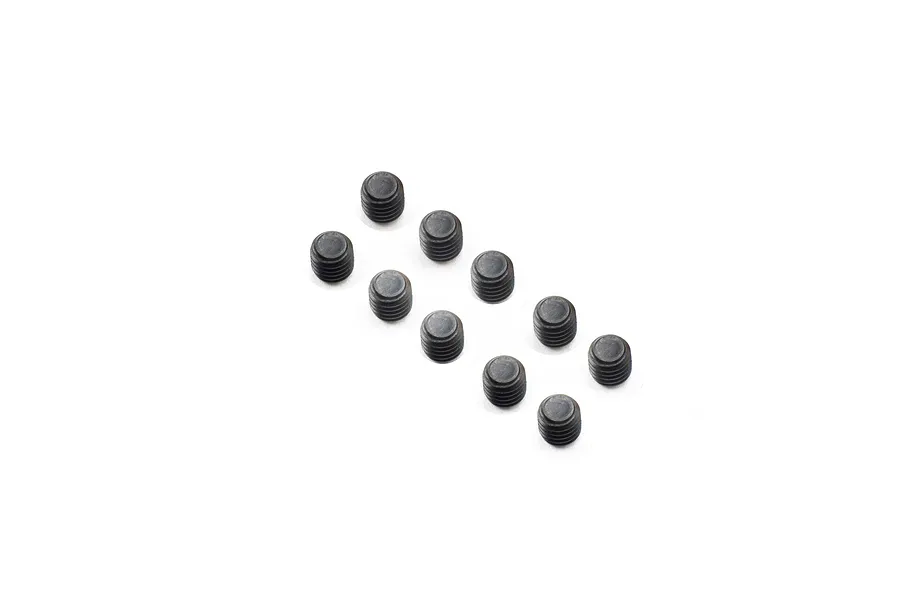 A set of ten black metal grub screws arranged in two columns against a white background.