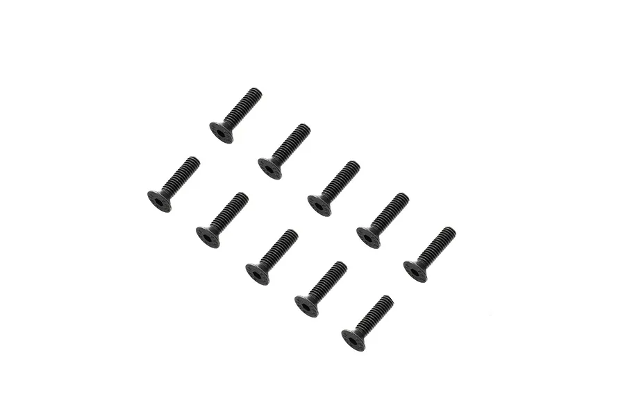 A set of ten black metal countersunk head screws arranged in a grid pattern against a white background.