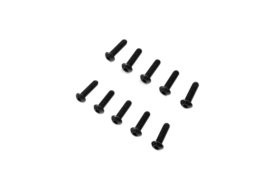 A set of ten black metal button head screws arranged in two rows against a white background.