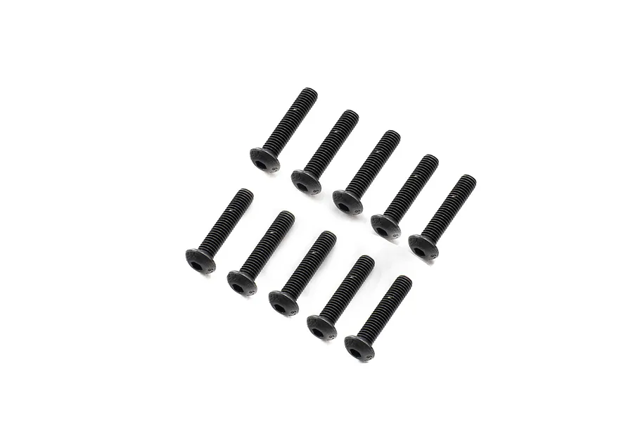 Ten black metal button head screws arranged in two rows on a white background.