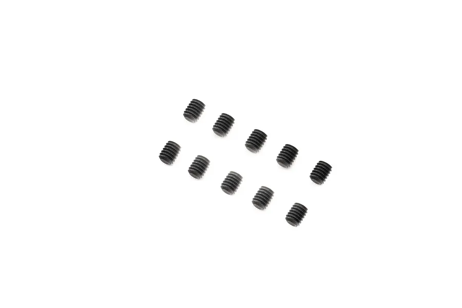 Ten small black metal grub screws arranged in two rows of five against a white background.