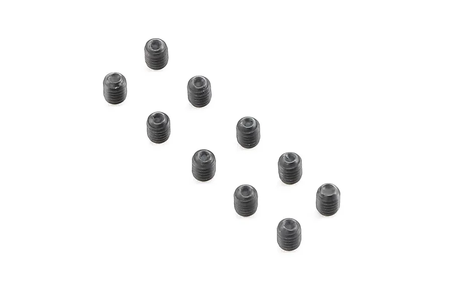 Ten small black metal grub screws arranged in a scattered pattern on a white background.
