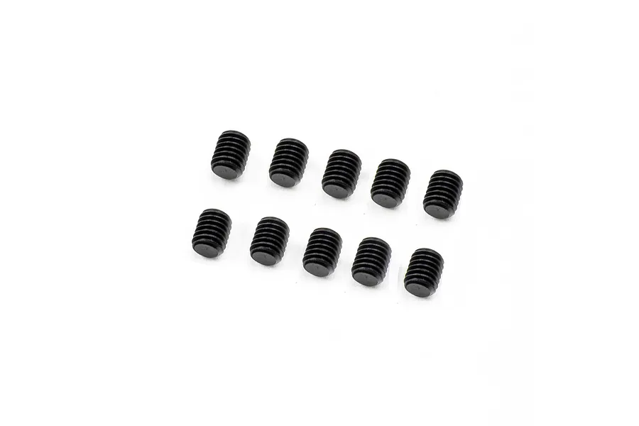 Ten black metal grub screws arranged in two rows of five on a white background.