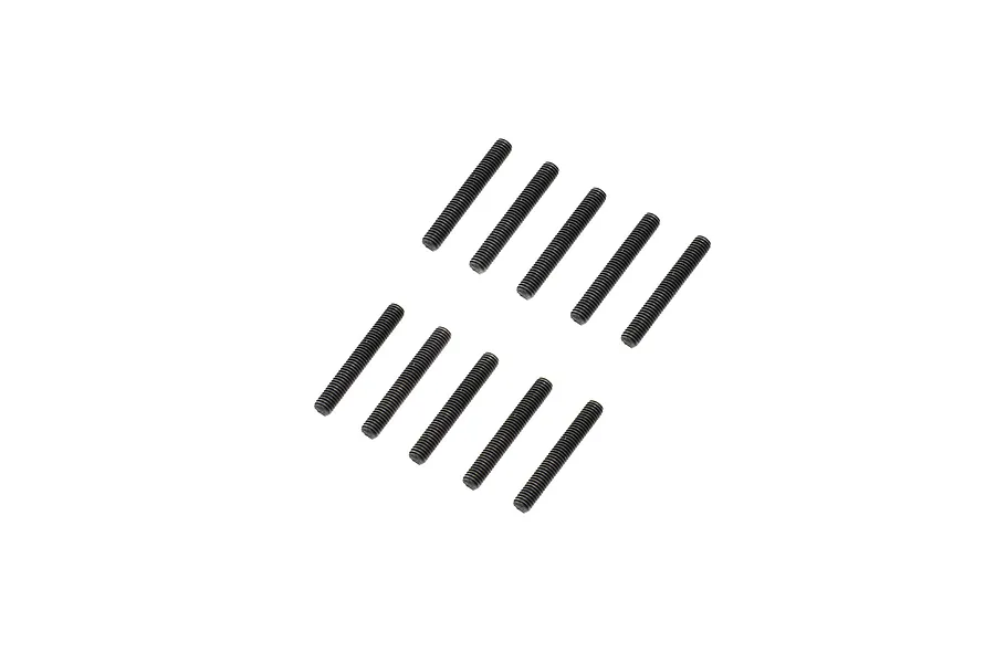 Ten black metal grub screws arranged in two parallel rows of five against a white background.