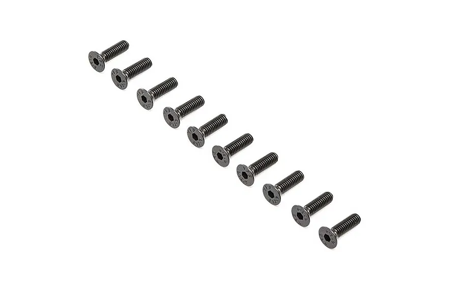 Ten black metal countersunk hex head screws arranged in a diagonal line against a white background.