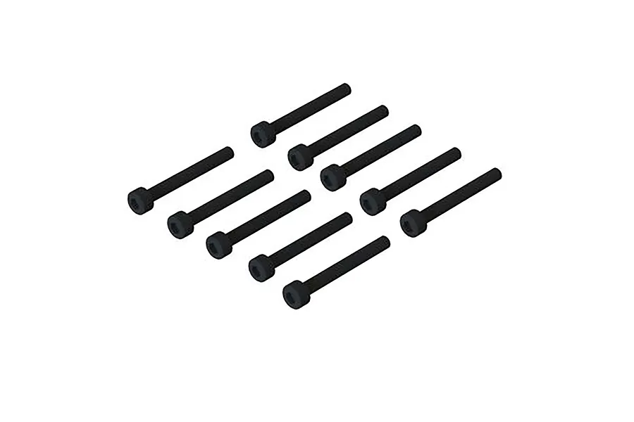A set of ten black metal cap head screws arranged in two rows on a white background.