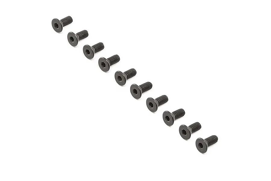 A set of ten black metal countersunk head screws with hex drive sockets arranged in a diagonal line on a white background.
