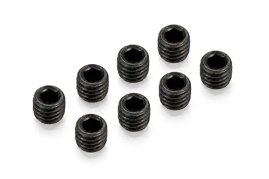 A set of eight small black metal grub screws with hexagonal sockets arranged on a white background.