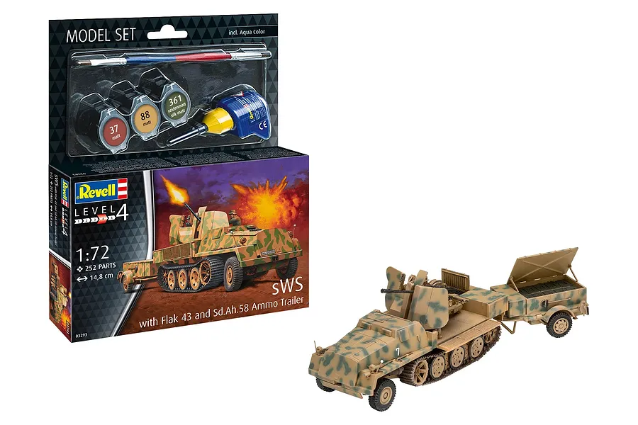 Revell 1/72 scale sWS with Flak 43 and Sd.Ah.58 Ammo Trailer plastic model kit box and assembled model on a white background.