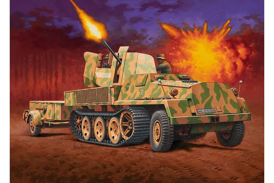 Box art illustration of a German sWS half-track with Flak43 and ammo trailer firing in a battlefield scene.