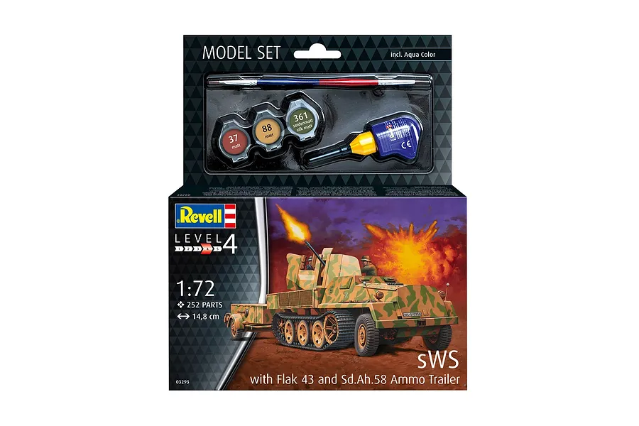 Revell 1/72 scale sWS with Flak 43 and Sd.Ah.58 Ammo Trailer plastic model kit box showing the assembled vehicle and included paints, brush, and glue.