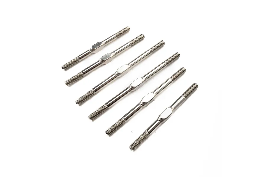 A set of six silver-coloured steel turnbuckles arranged diagonally on a white background.