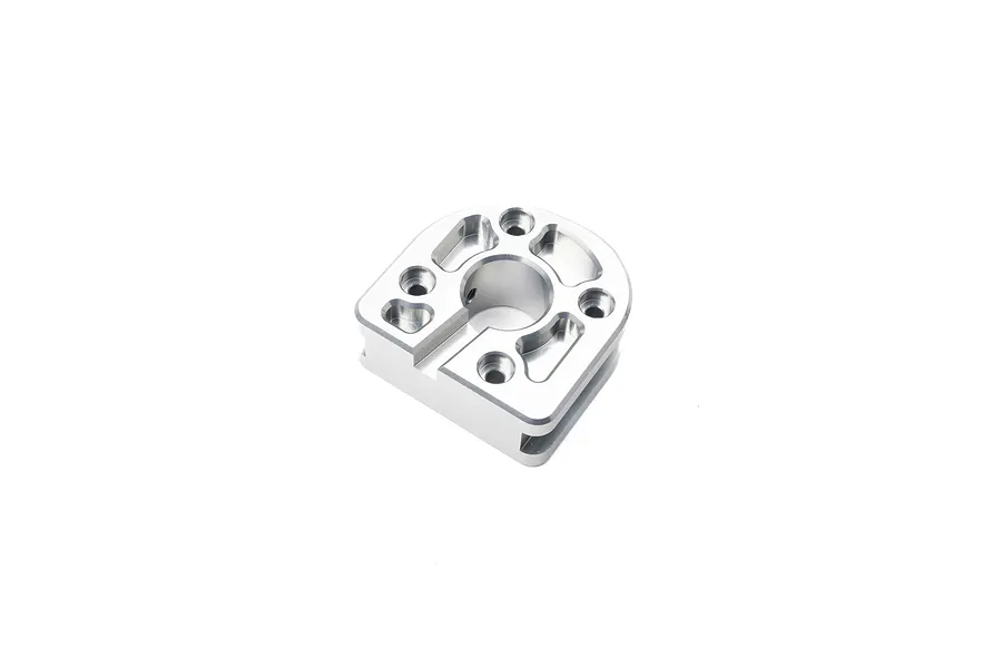 A silver-coloured aluminium RC motor plate with a central circular opening and multiple mounting holes, shown on a white background.