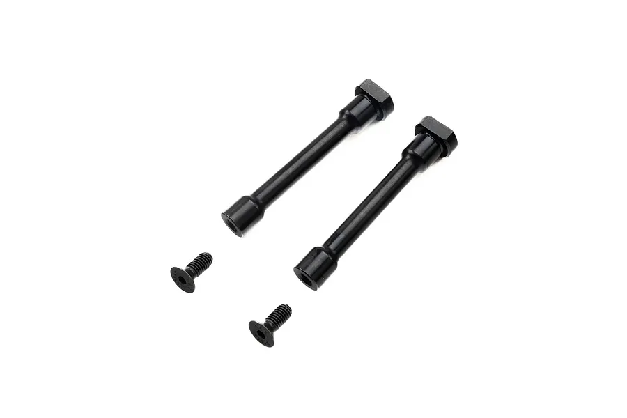 Two black steel steering posts and two matching flat-head screws for Losi RC vehicles.