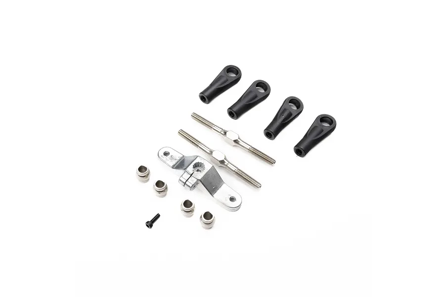 Losi aluminium steering linkage set including a servo horn, threaded rods, ball ends, and hardware components on a white background.