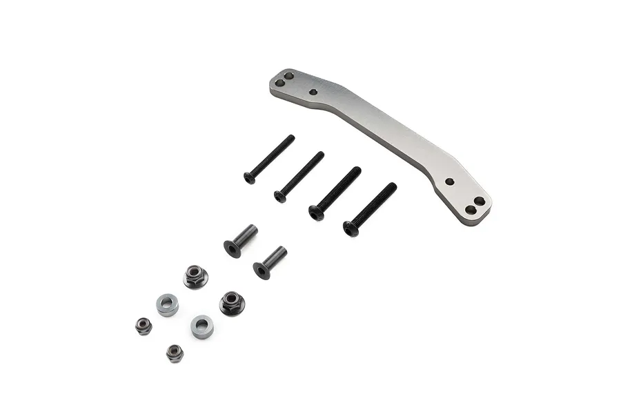 Losi aluminium steering rack component shown with included mounting hardware including screws, spacers, and lock nuts on a white background.