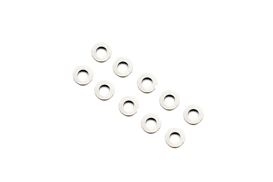 A set of ten small silver-coloured metal washers arranged in a grid pattern against a white background.