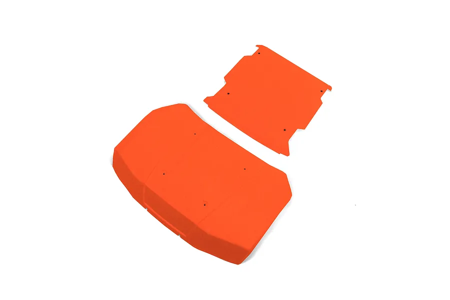 Two fluorescent orange RC body panels, a hood and a roof, isolated on a white background.