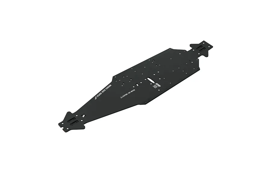 A black ARRMA aluminium main chassis plate for an RC car, viewed from an elevated angle against a white background.