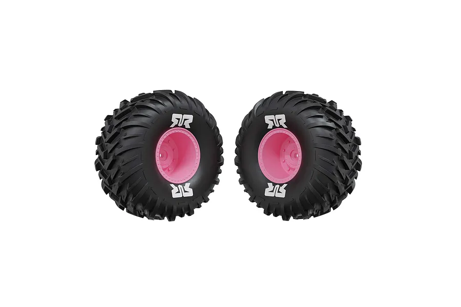 Two ARRMA dBoots Cut Chevron monster truck tyres mounted on bright pink plastic rims against a white background.