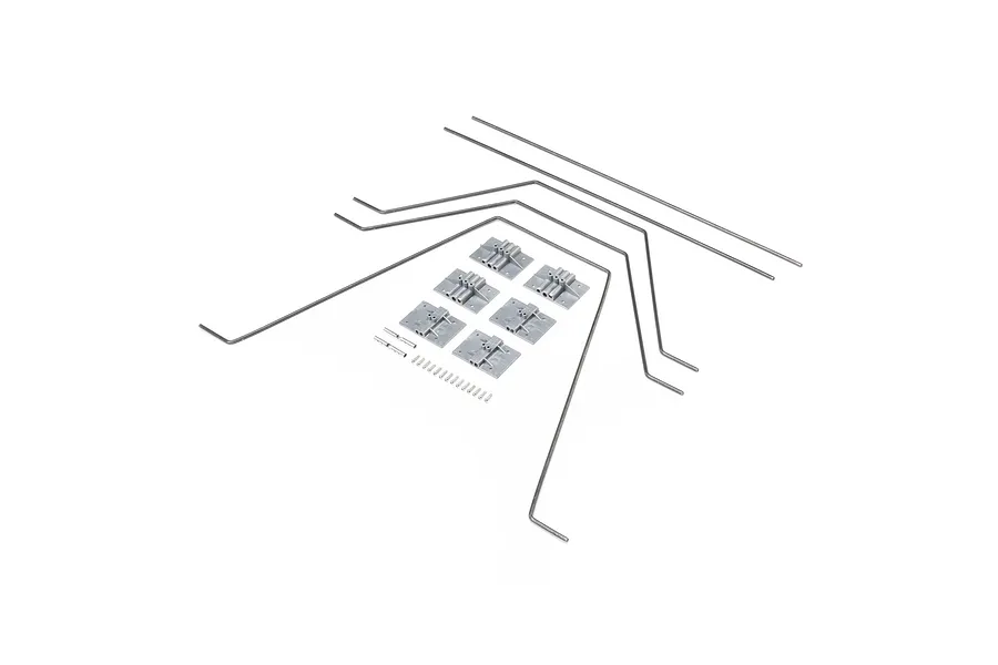 Hangar 9 float strut set including metal wire struts, plastic mounting plates, and small screws on a white background.