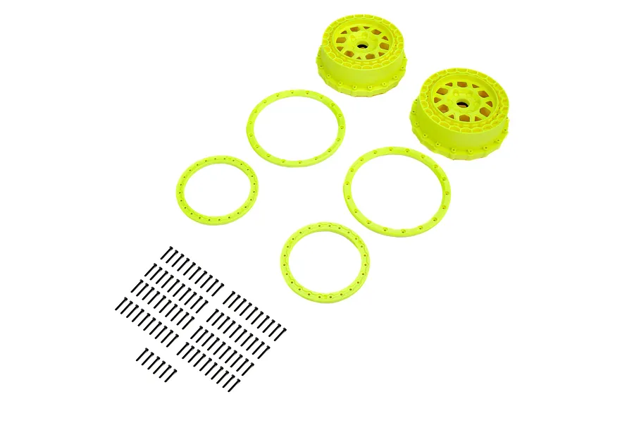 Two yellow RC beadlock rims, four yellow beadlock rings, and a set of black mounting screws arranged on a white background.