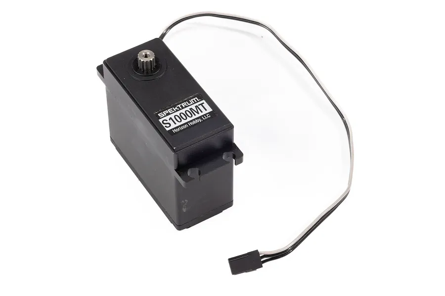 Spektrum S1000MT metal geared servo with black plastic casing and attached wiring harness with connector.
